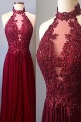 Burgundy Lace High Neck Long Prom Dress Burgundy Evening Dress