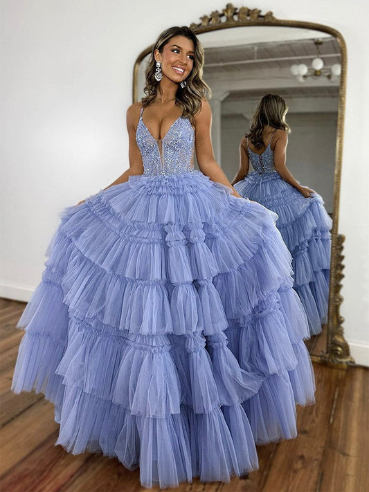 Blue V-Neck Lace Tulle Long Prom Dress Blue Long Graduation Dress