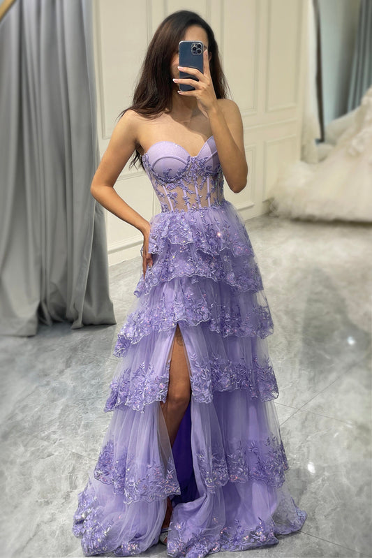 Glitter Purple Sweetheart Long Corset Tiered Prom Dress With Slit