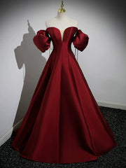 A-Line Puff Sleeves Satin Burgundy Long Prom Dress Burgundy Long Formal Dress