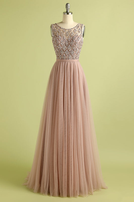 Sparkly Beaded Long Tulle Bridesmaid Prom Dress