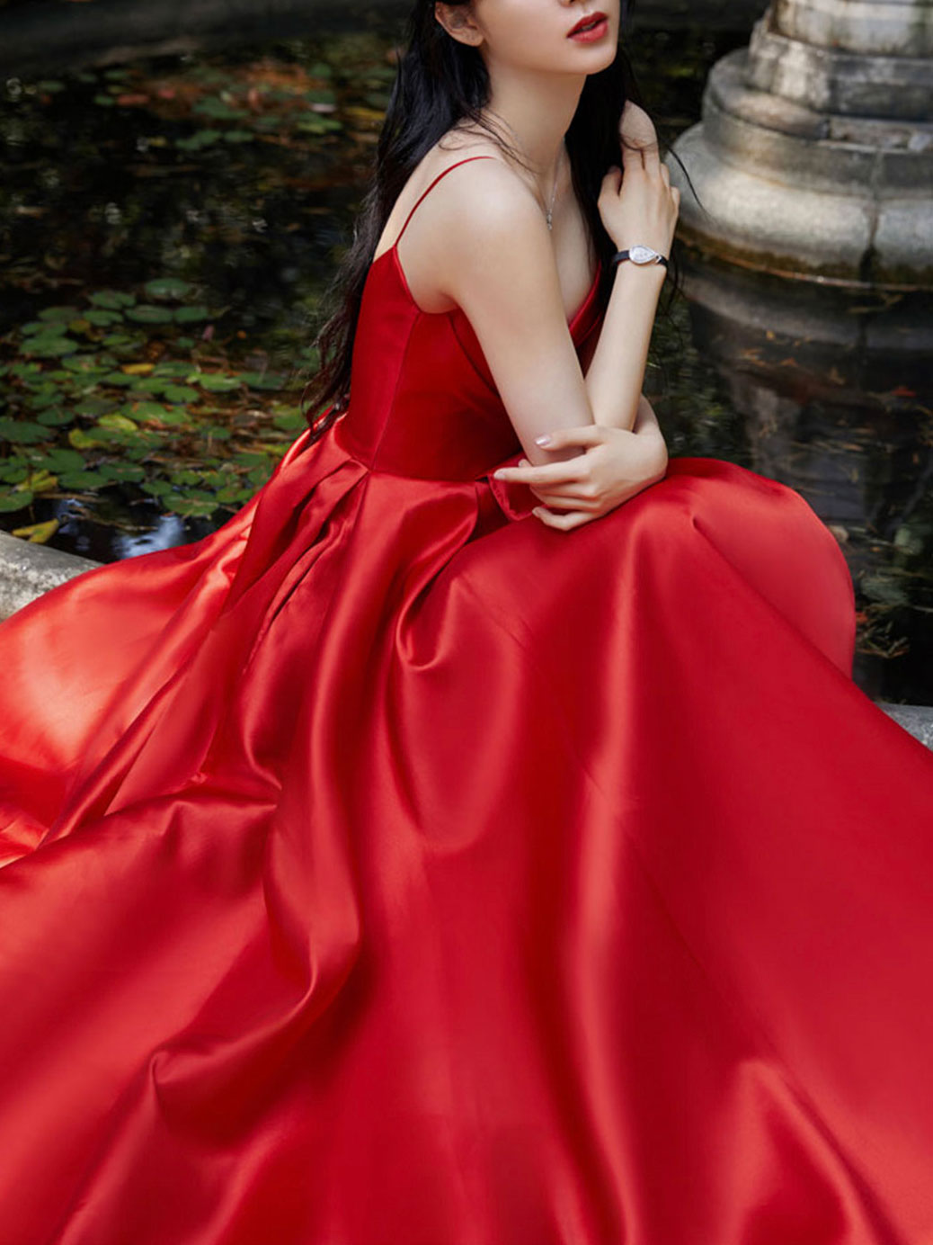 Simple Red V-Neck Satin Long Prom Dress Red Evening Dress