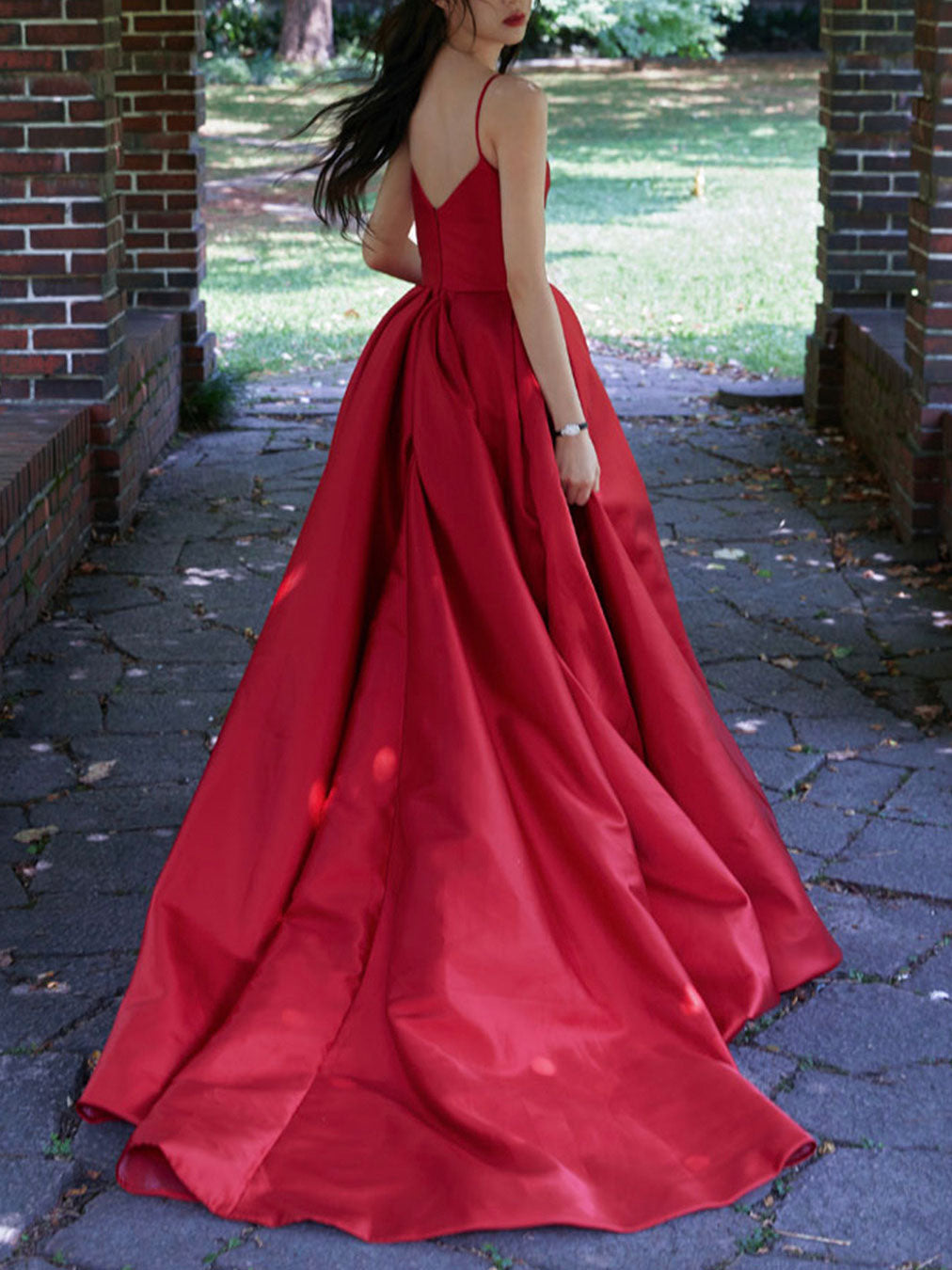 Simple Red V-Neck Satin Long Prom Dress Red Evening Dress