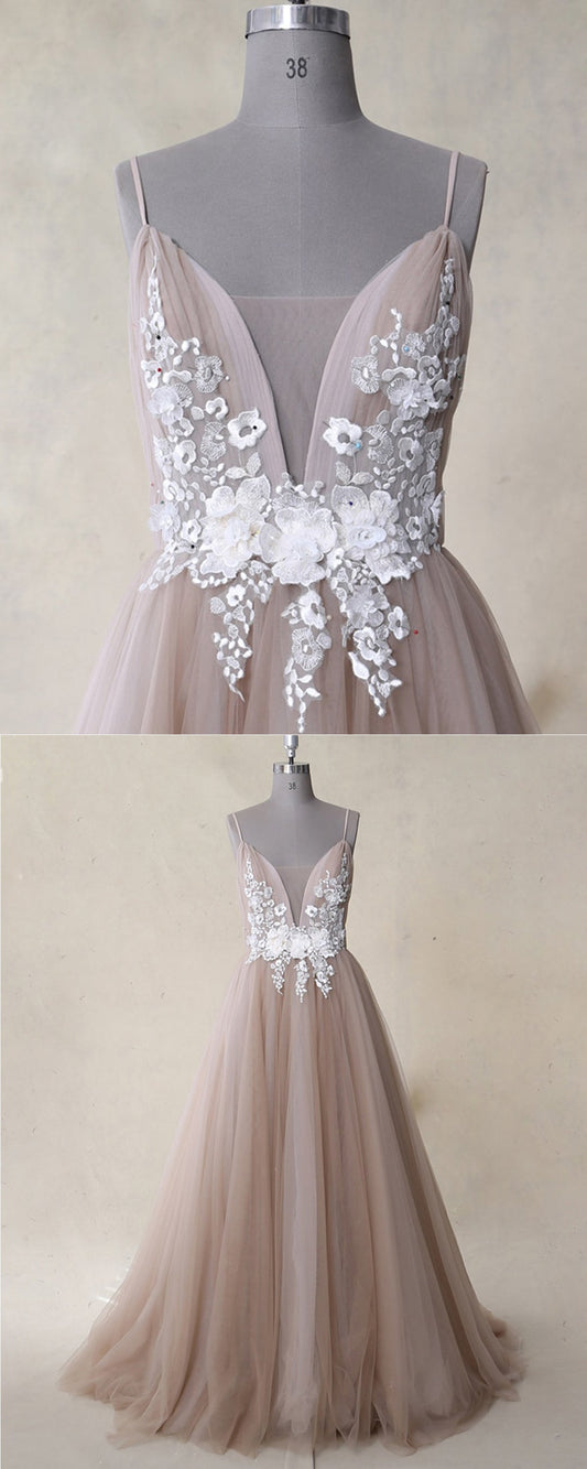 Champagne V-Neck Tulle Lace Long Prom Dress Tulle Lace Evening Dress