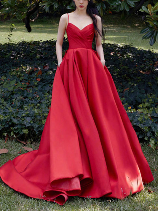 Simple Red V-Neck Satin Long Prom Dress Red Evening Dress