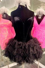 Kennedi Dressystars  Glamorous Black Velvet Strapless Ruffles Short Homecoming Dress