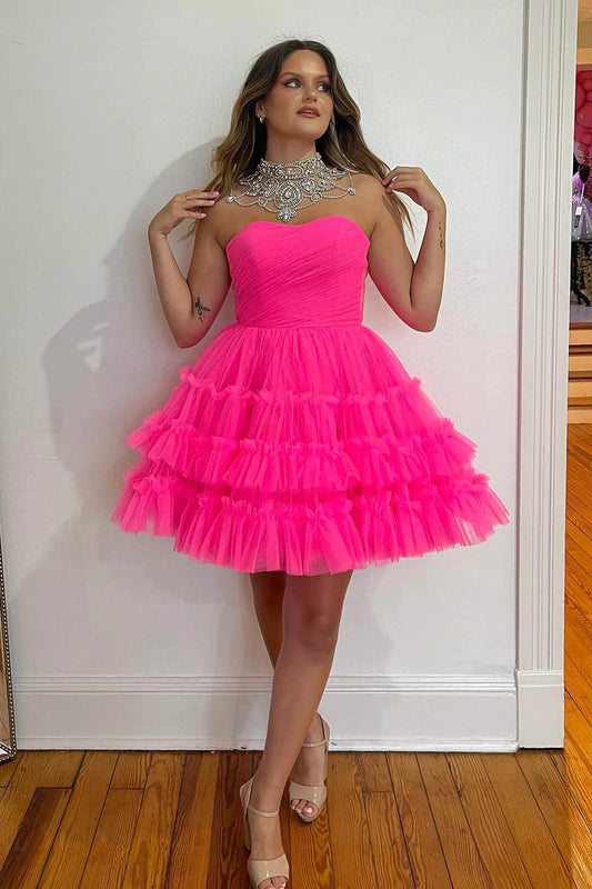 a line heart shaped tulle hierarchical sexy corset short homecoming dress fuchsia 