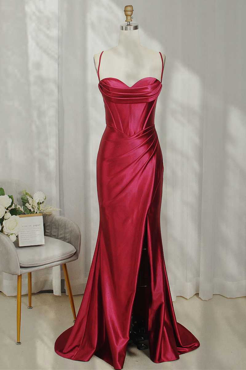 Hot Girly Pink Spaghetti Straps Satin Mermaid Elegant Prom Dress with Split Design