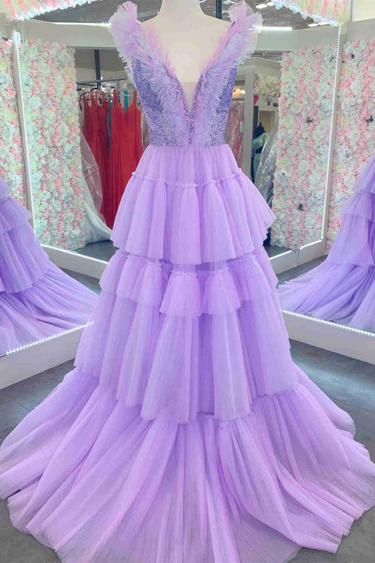 Dressystars Sequin Top Lavender Tiered Tulle Material Long Formal Dress