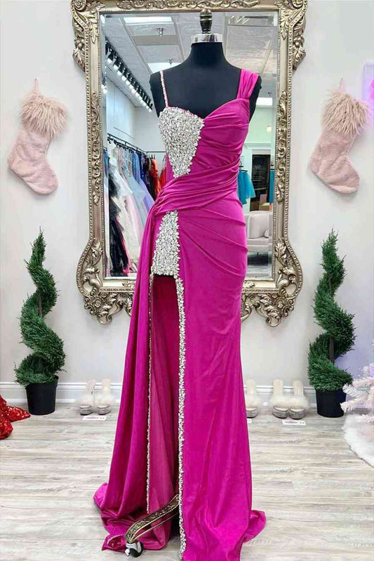 Dressystars Chic Asymmertrical Fuchsia Delicate Beaded Long Porm Dress