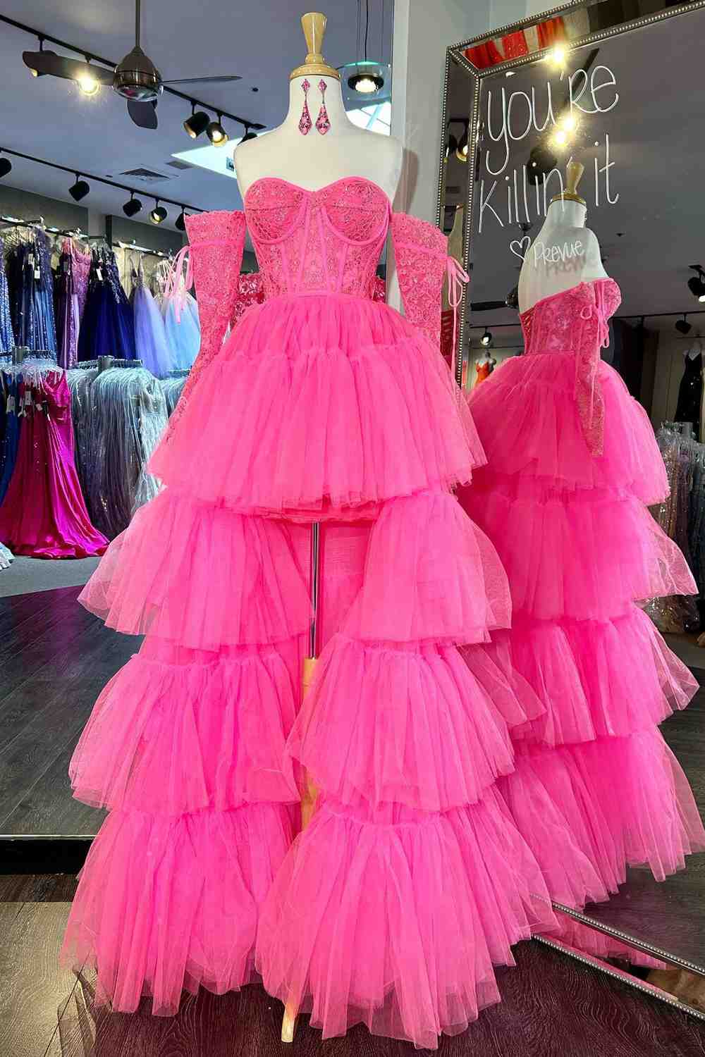 Sue Dressystars  Hot Girly Pink Off-Shoulder A-line Tulle Material Layers Applique Hi-Low Prom Dress