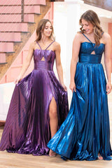 MadalynDressystars  Metallic Keyhole Spaghetti Strap Long Elegant Prom Dress with Split Design