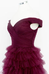 Fallon Dressystars  Off the Shoulder Dark Berry Pleated Sheer Tiered Prom Dress