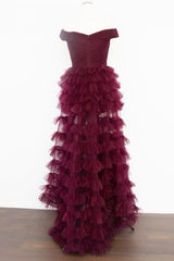 Fallon Dressystars  Off the Shoulder Dark Berry Pleated Sheer Tiered Prom Dress