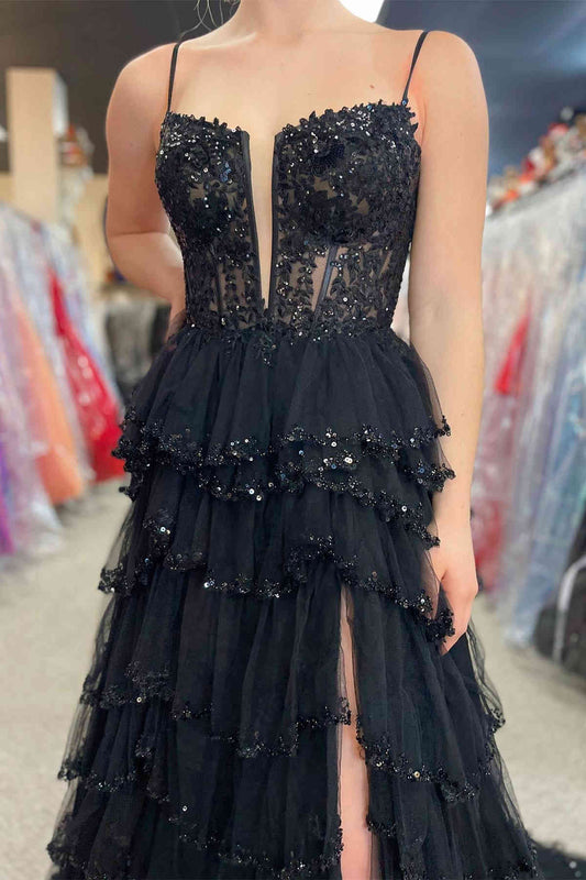 Abbie Dressystars  Straps Glamorous Black Mesh Cutout Sequined Layered Long Prom Dress