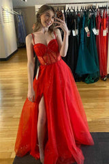 Patricia Dressystars Glitter Red Straos Delicate Beaded A-Line Formal Dress with Split Design