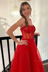 Patricia Dressystars Glitter Red Straos Delicate Beaded A-Line Formal Dress with Split Design