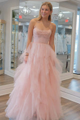 Patsy Dressystars  Strapless Light Girly Pink Sequin Delicate Beaded  Ruffle Tulle Material Prom Dress