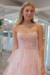 Patsy Dressystars  Strapless Light Girly Pink Sequin Delicate Beaded  Ruffle Tulle Material Prom Dress