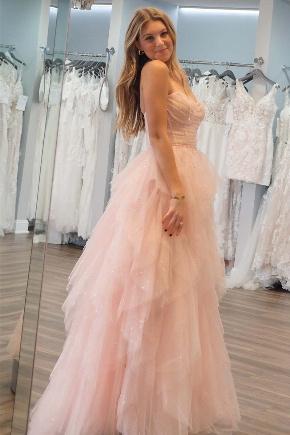 Patsy Dressystars  Strapless Light Girly Pink Sequin Delicate Beaded  Ruffle Tulle Material Prom Dress