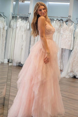 Patsy Dressystars  Strapless Light Girly Pink Sequin Delicate Beaded  Ruffle Tulle Material Prom Dress