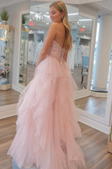 Patsy Dressystars  Strapless Light Girly Pink Sequin Delicate Beaded  Ruffle Tulle Material Prom Dress