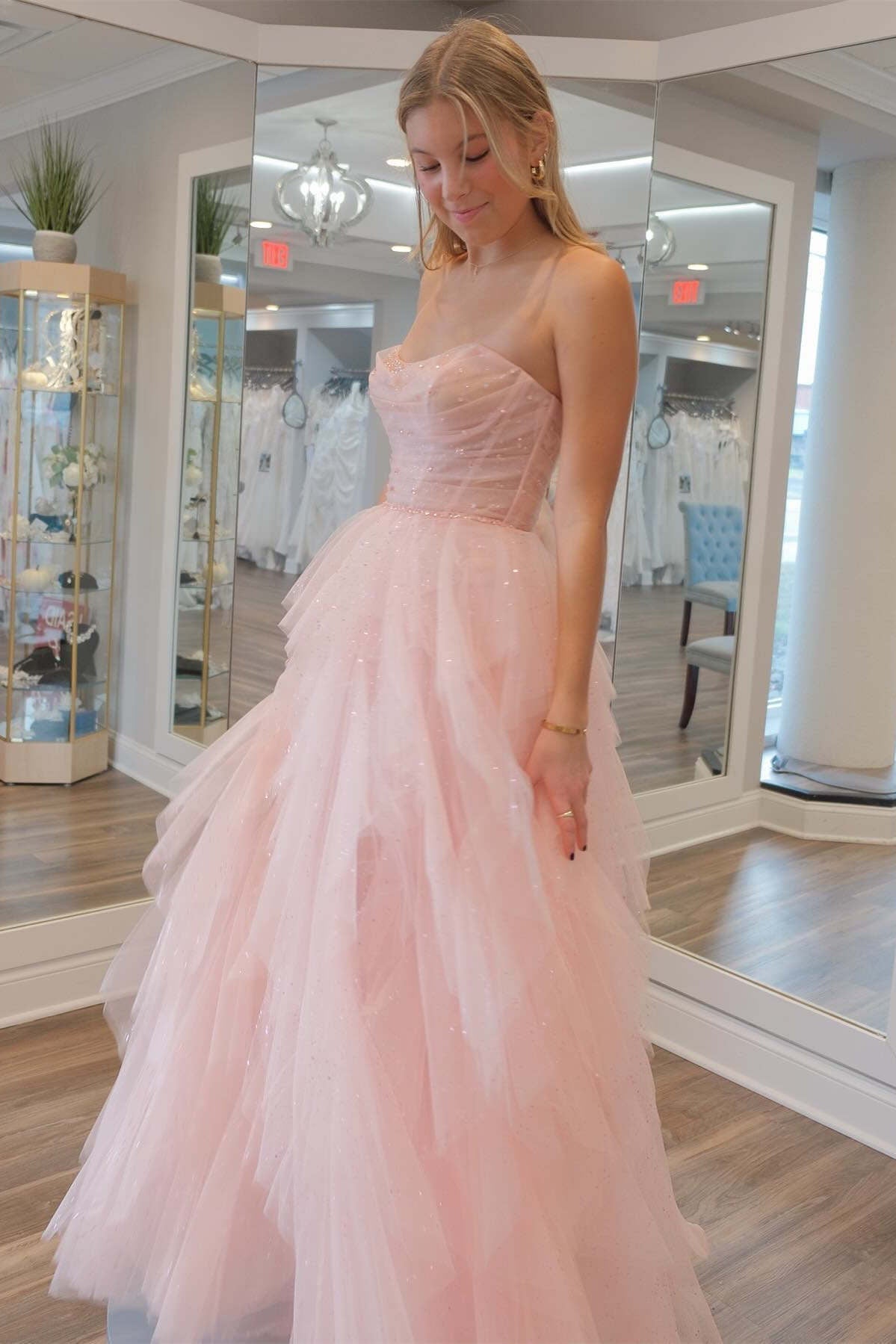 Patsy Dressystars  Strapless Light Girly Pink Sequin Delicate Beaded  Ruffle Tulle Material Prom Dress