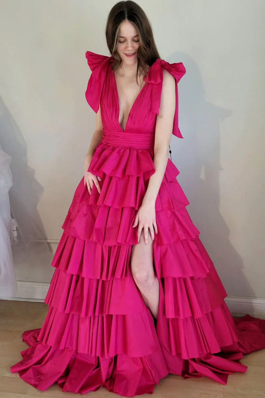 Renee Dressystars  Plunging Sexy V-Neck Fuchsia Bow Straps Ruffle Ball Gown