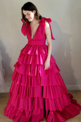 Renee Dressystars  Plunging Sexy V-Neck Fuchsia Bow Straps Ruffle Ball Gown