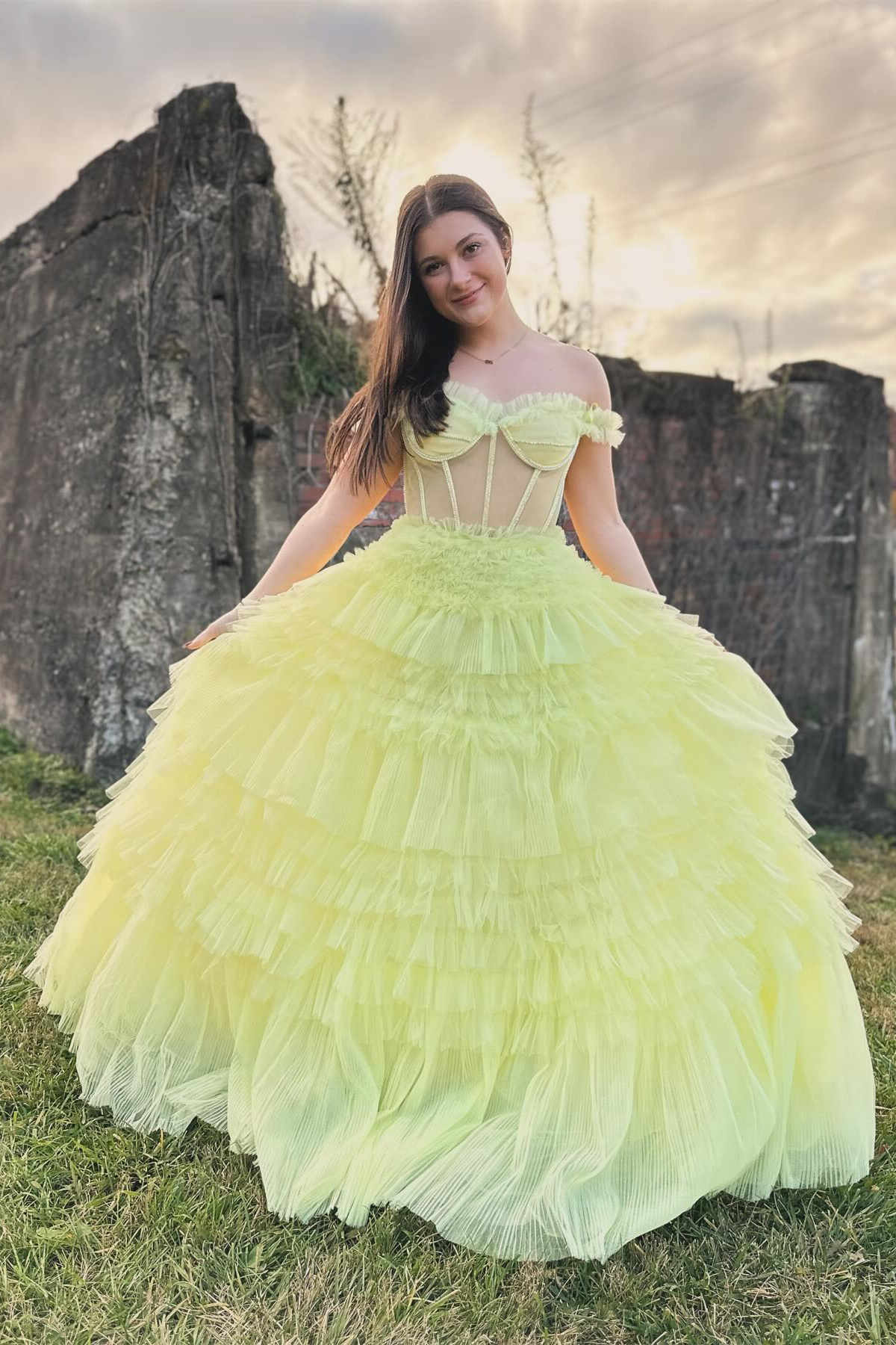 Dressystars  Off the Shoulder Ruffle Layered Prom Dress Light Yellow