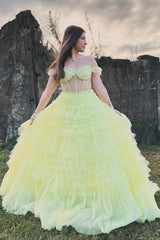 Dressystars  Off the Shoulder Ruffle Layered Prom Dress Light Yellow