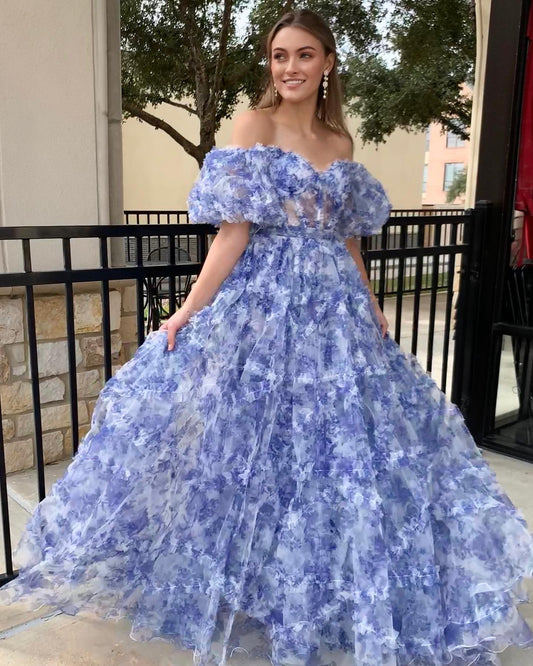 SydneyDressystars  Off the Shoulder Blue Floral Print Ruffled Tulle Material Prom Dress