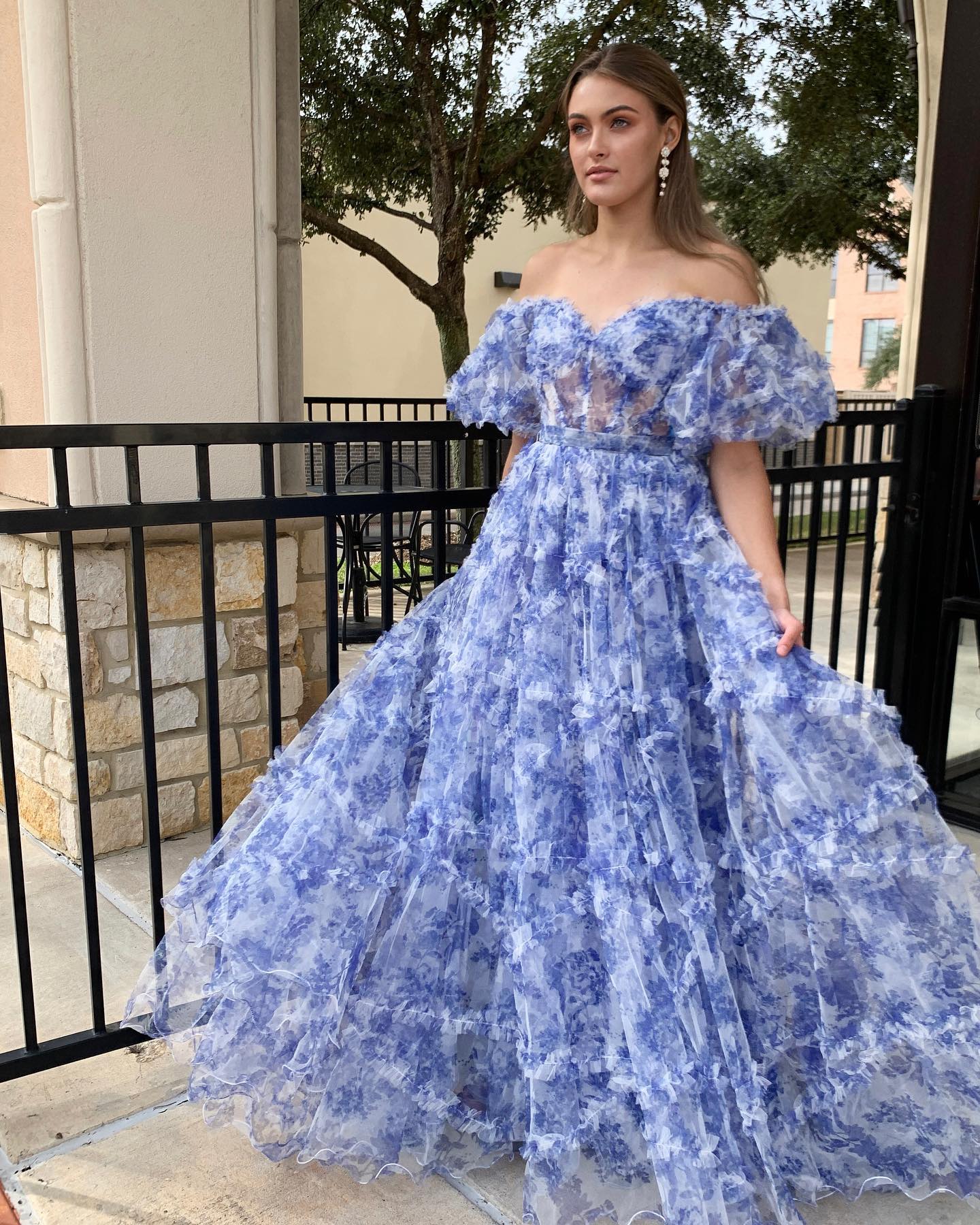 SydneyDressystars  Off the Shoulder Blue Floral Print Ruffled Tulle Material Prom Dress