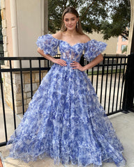 SydneyDressystars  Off the Shoulder Blue Floral Print Ruffled Tulle Material Prom Dress