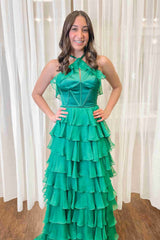 Halter Keyhole Ruffle Tiered Elegant Prom Dress with Split Design