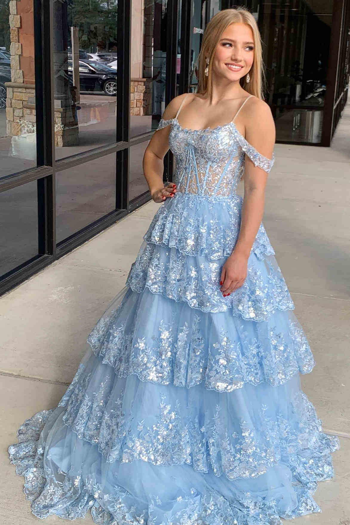 Dressystars  Tulle Material Sequin Off-the-shoulder Ruffle Tiered Long Prom Dress