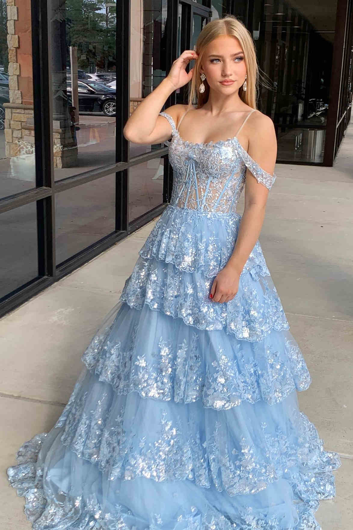 Dressystars  Tulle Material Sequin Off-the-shoulder Ruffle Tiered Long Prom Dress