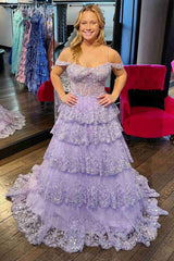 Dressystars  Tulle Material Sequin Off-the-shoulder Ruffle Tiered Long Prom Dress