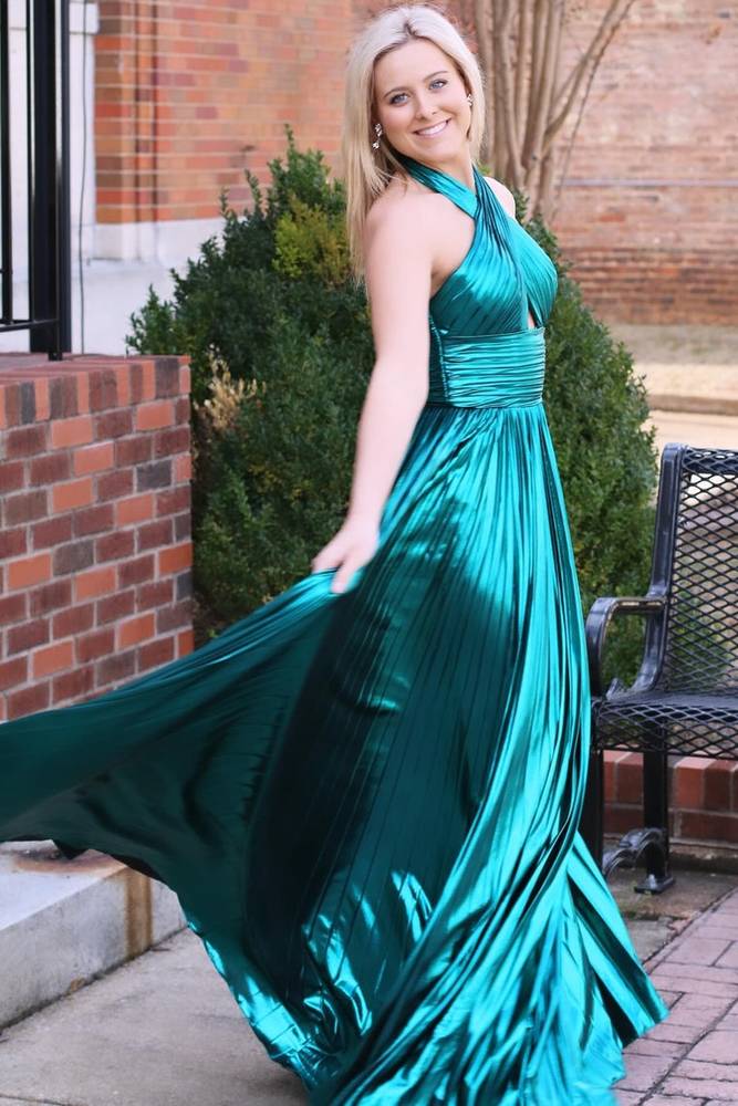 Emerald Green Metallic Key Hole Pleated Gown with Split Design