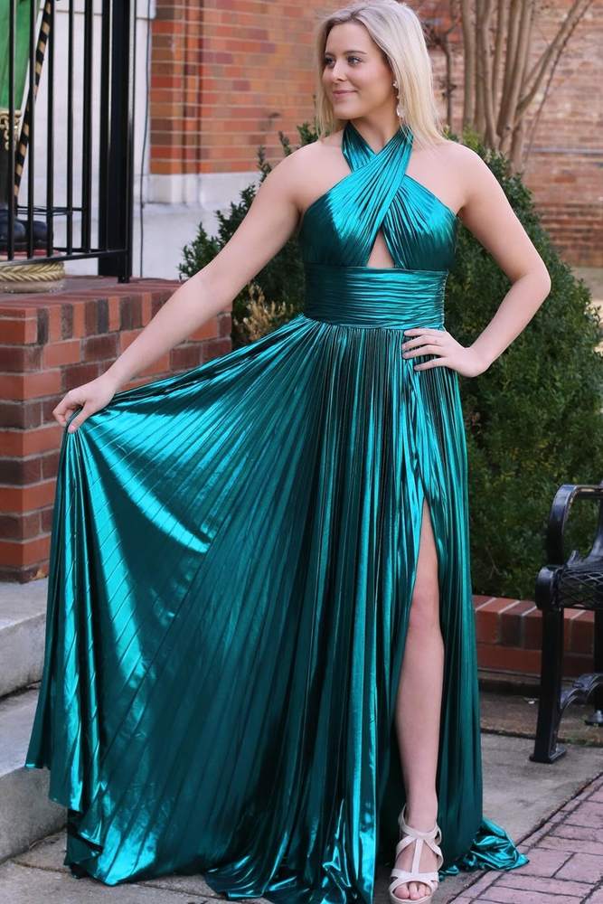 Emerald Green Metallic Key Hole Pleated Gown with Split Design