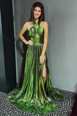 Emerald Green Metallic Key Hole Pleated Gown with Split Design