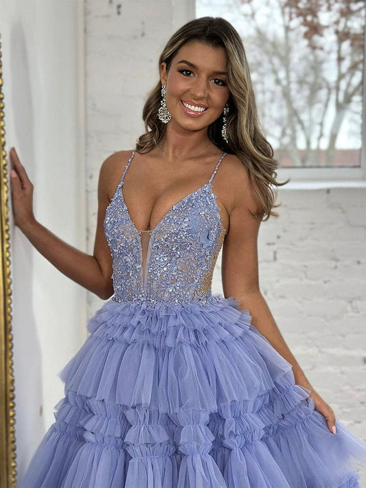 Blue V-Neck Lace Tulle Long Prom Dress Blue Long Graduation Dress