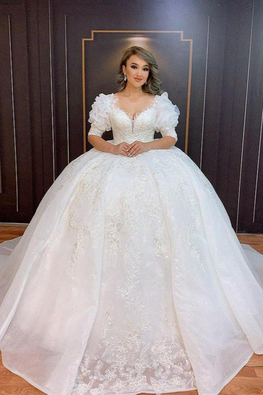 Ivory Wedding Dress Puff Sleeves Vintage Ball Gown Bridal Dress With Lace Appliques