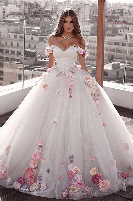 Ivory Off The Shoulder Wedding Dress Ball Gown Tulle Bridal Dress with 3D Flowers