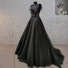 Glitter Lace Tulle Material Chic Sweetheart Collar Sexy Corset Court Glamorous Black Wedding Dress