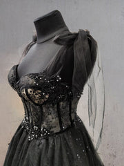 Glitter Lace Tulle Material Chic Sweetheart Collar Sexy Corset Court Glamorous Black Wedding Dress