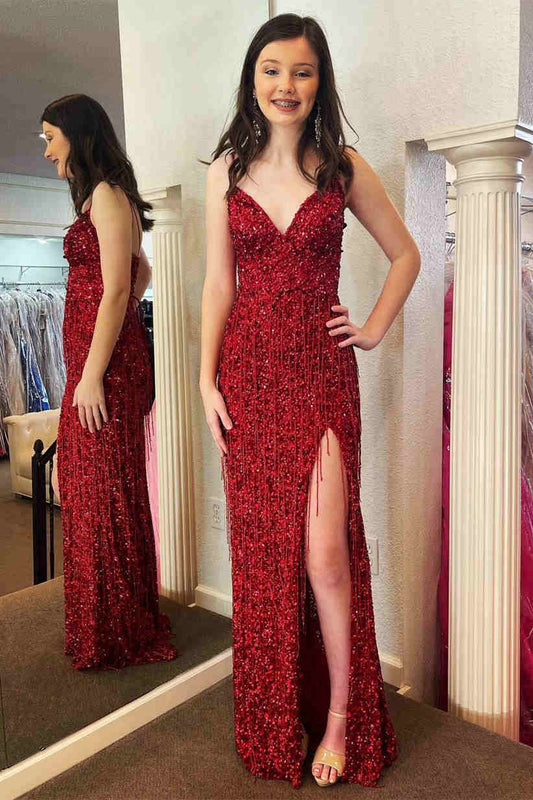 Glitter Red Sexy V-Neck Long Elegant Prom Dress with Tassel