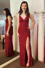 Glitter Red Sexy V-Neck Long Elegant Prom Dress with Tassel