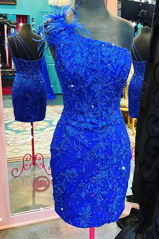 glitter royal blue sexy one shoulder style lace short homecoming dresses with chic feather style