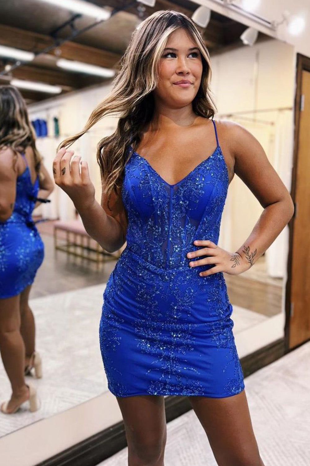 glitter sparkly bodycon zipper back shoulder straps short homecoming dress